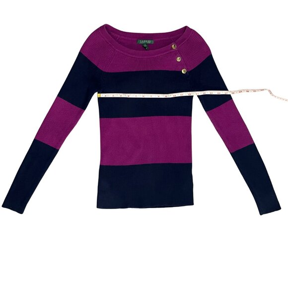 Ralph Lauren Women’s Striped Knit Sweater Magenta Navy Button Shoulder Sz Small - Picture 5 of 11